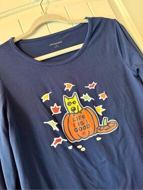 Life Is Good Navy Long-Sleeve Tee with Orange Pumpkin & Yellow Cat Graphic